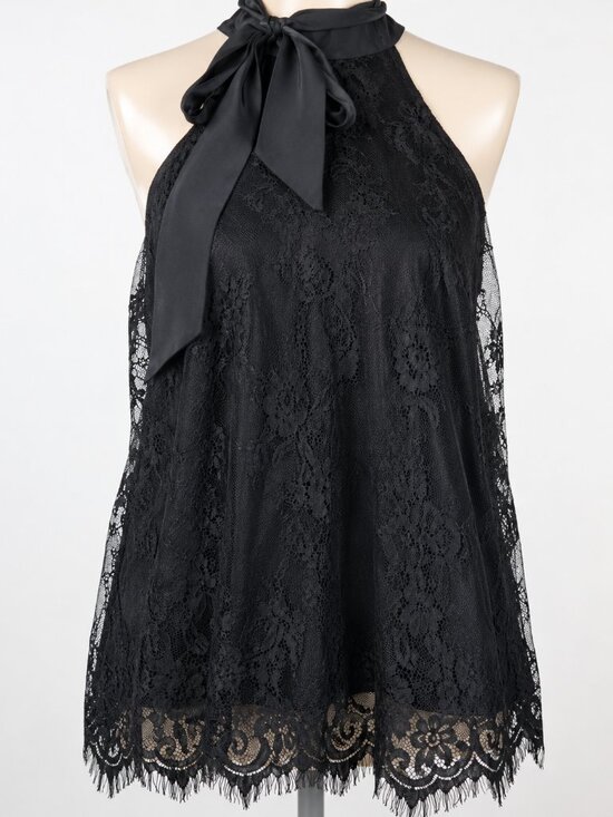 Parker Tops - Parker Black Floral Lace Halter Top Detachable Bow Scalloped Hem Small
